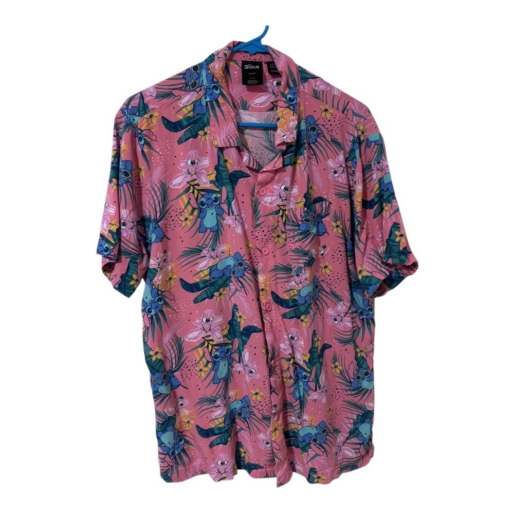 Disney Stitch men’s Coral Pink Tropical floral Print Men's button down Shirt L